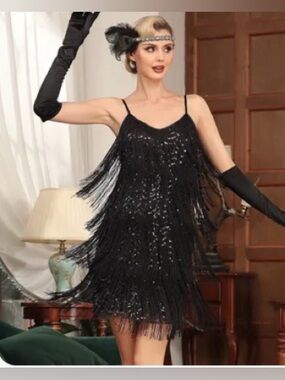 kayamiya Women's Fringe Flapper Dress 1920s V Neck Spaghetti Strap Sequin Party